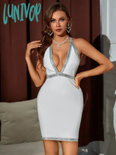 Lunivop Summer Women Sexy V Neck Beading Studded Crystal Black White Mini Bodycon Bandage Dress